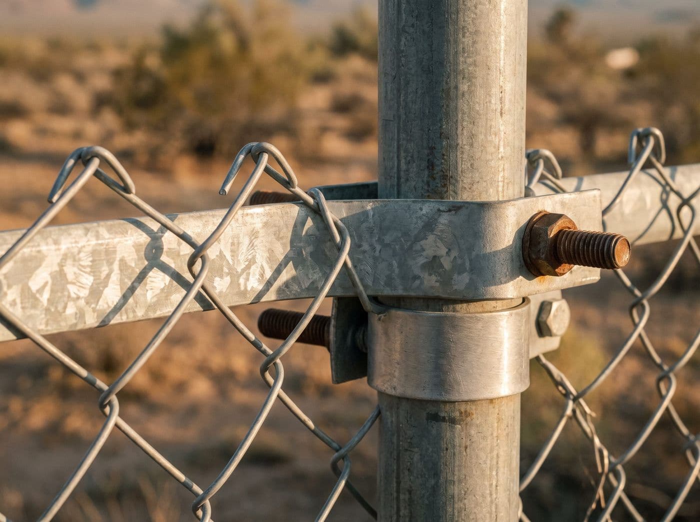 Close-up of galvanized chain-link fabric and tension band